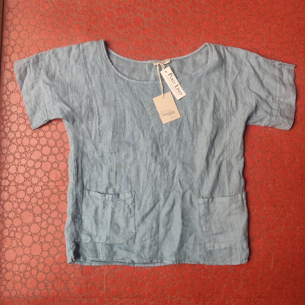 Francesca Bettini 100% Linen NWT Womens L Shirt SS Pockets Beach Coastal Preppy